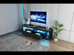 Mueble TV alto lacado con LED, para TV de hasta 70 pulgadas, con 2 cajones, material aglomerado, color negro (180x40x46cm)