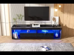 Mueble TV alto lacado con LED, para TV de hasta 70 pulgadas, con 2 cajones, material aglomerado, color negro (180x40x46cm)