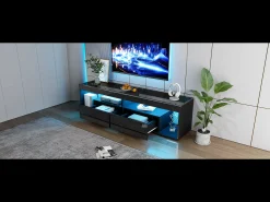 Mueble TV alto lacado con LED, para TV de hasta 70 pulgadas, con 2 cajones, material aglomerado, color negro (180x40x46cm)