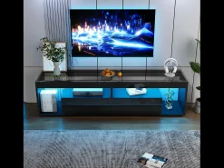 Mueble TV alto lacado con LED, para TV de hasta 70 pulgadas, con 2 cajones, material aglomerado, color negro (180x40x46cm)