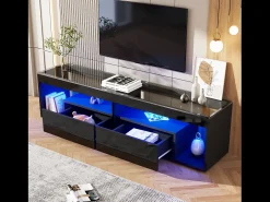 Mueble TV alto lacado con LED, para TV de hasta 70 pulgadas, con 2 cajones, material aglomerado, color negro (180x40x46cm)