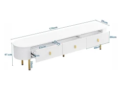 Mueble TV bajo 174 X 35 X 41cm con tres cajones, tiradores dorados y esquinas curvas, color blanco