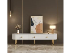 Mueble TV bajo 174 X 35 X 41cm con tres cajones, tiradores dorados y esquinas curvas, color blanco