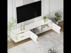 Mueble TV bajo blanco con dos cajones y puertas, para salón, dormitorio, blanco, 175x40x45cm