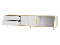 Mueble TV bajo blanco con dos cajones y puertas, para salón, dormitorio, blanco, 175x40x45cm