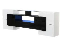 Mueble TV bajo de 200 cm, con iluminación LED, diseño moderno y elegante superficie de cristal, para salón, color blanco
