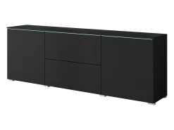 Mueble TV bajo moderno 180 cm – mueble alto para televisor con cajones y estantes, negro mate