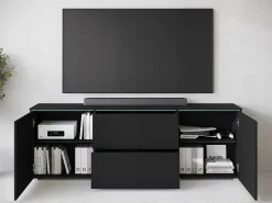 Mueble TV bajo moderno 180 cm – mueble alto para televisor con cajones y estantes, negro mate