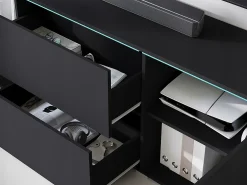 Mueble TV bajo moderno 180 cm – mueble alto para televisor con cajones y estantes, negro mate