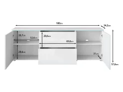 Mueble TV bajo moderno 180 cm – mueble alto para televisor con cajones y estantes, cuerpo blanco mate, frentes blanco brillo