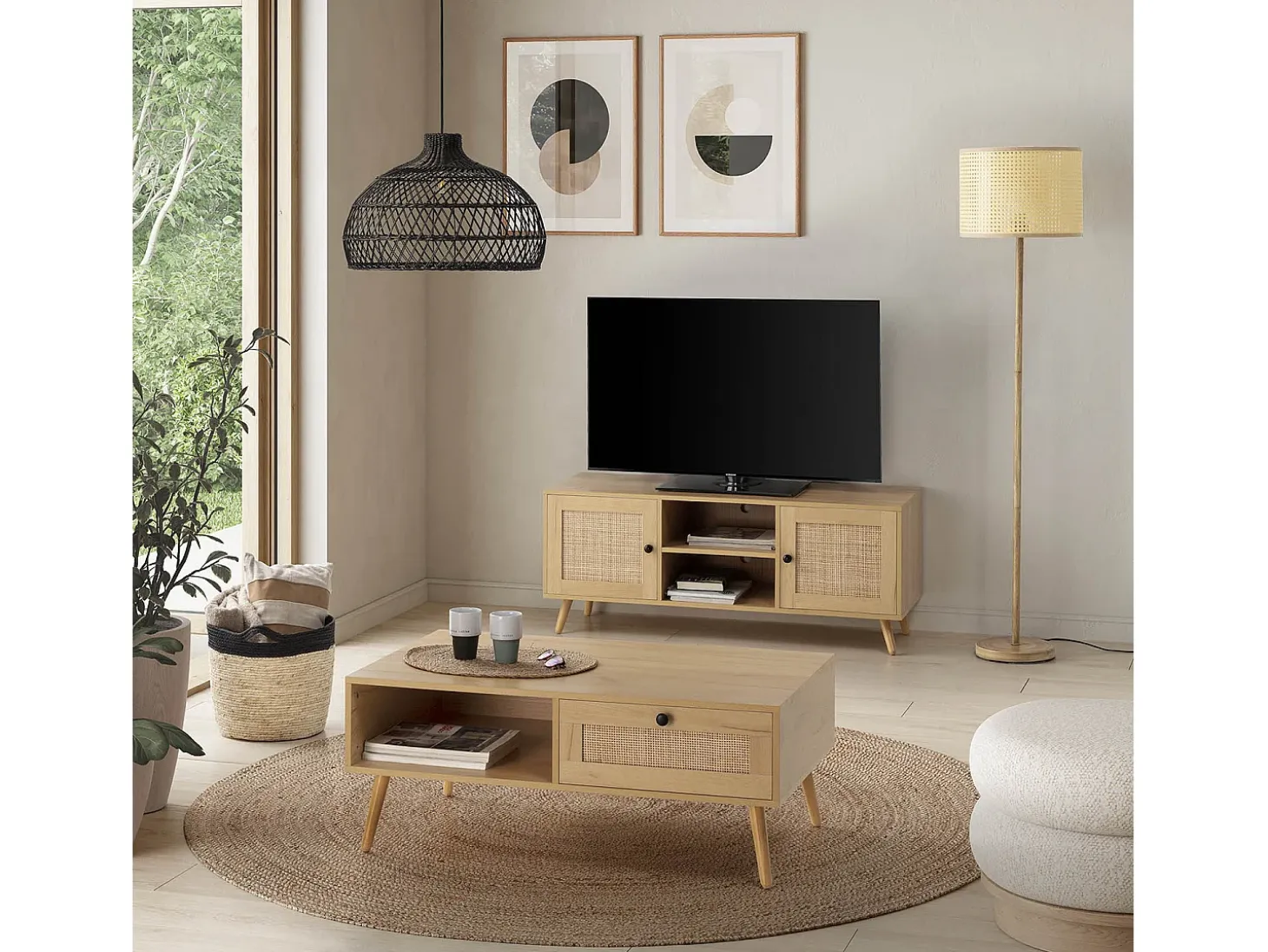 Mueble TV Bella 2 Puertas Color Roble con ratán Natural
