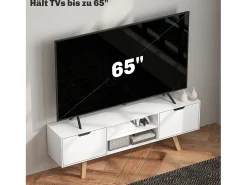 Mueble TV blanco 150×39×50 cm, 2 armarios y 2 estantes, para TV de hasta 65", salón