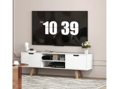 Mueble TV blanco 150×39×50 cm, 2 armarios y 2 estantes, para TV de hasta 65