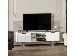 Mueble TV blanco 150×39×50 cm, 2 armarios y 2 estantes, para TV de hasta 65