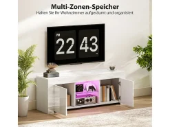 Mueble TV blanco, 2 puertas, estante de cristal, iluminación LED y pasacables, para salón, 120 x 34 x 45 cm