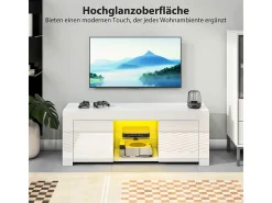 Mueble TV blanco, 2 puertas, estante de cristal, iluminación LED y pasacables, para salón, 120 x 34 x 45 cm