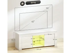 Mueble TV blanco, 2 puertas, estante de cristal, iluminación LED y pasacables, para salón, 120 x 34 x 45 cm