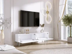 Mueble TV: Blanco Mate / Blanco Brillo, Patas Cromadas, 170 x 52 x 32 cm