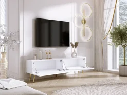 Mueble TV: Blanco Mate / Blanco Brillo, patas doradas, 170 x 52 x 32 cm