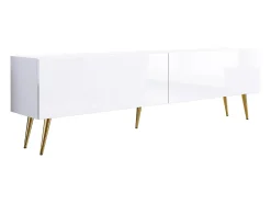 Mueble TV: Blanco Mate / Blanco Brillo, patas doradas, 170 x 52 x 32 cm