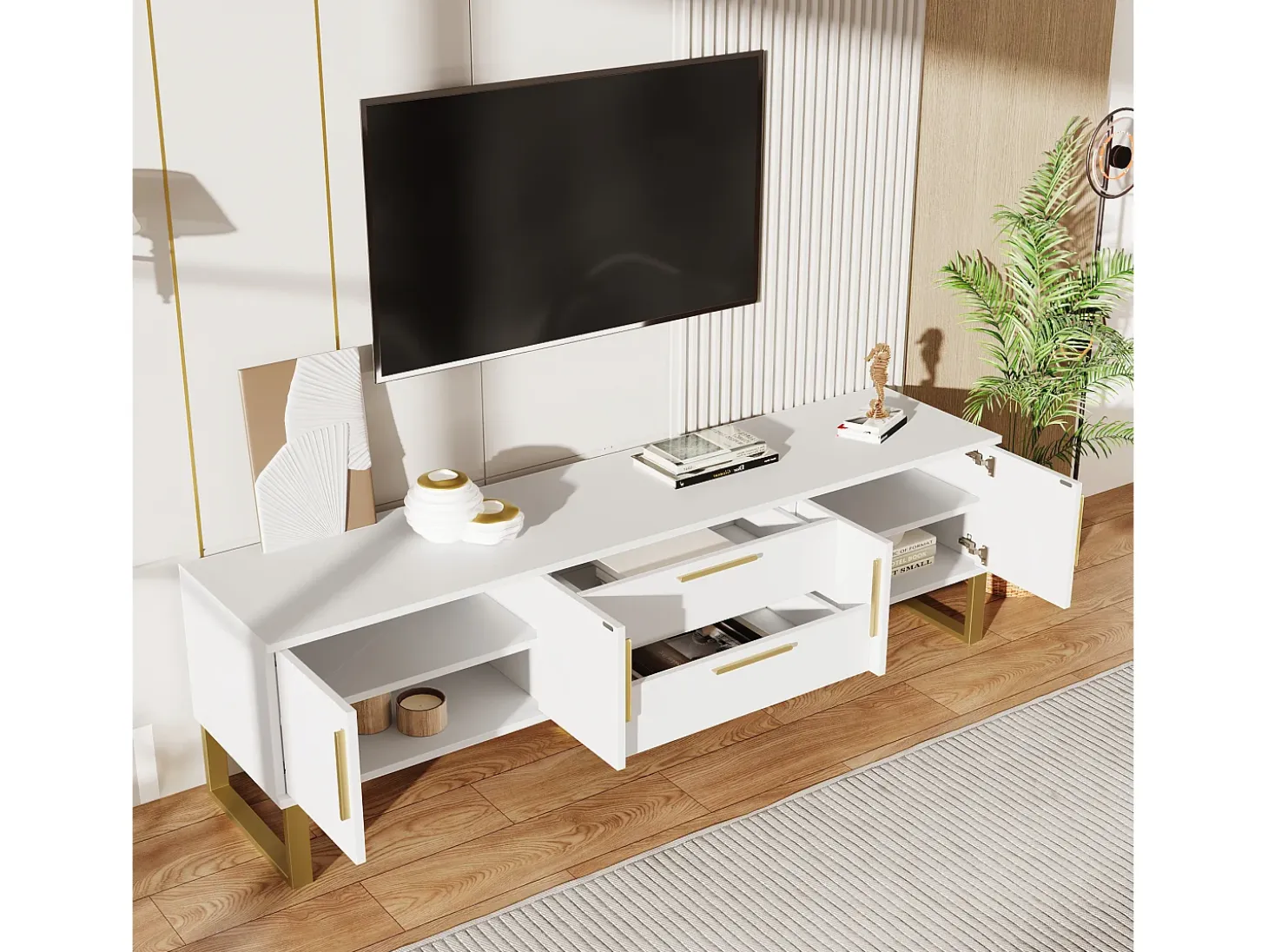 Mueble TV brillo con 4 puertas y 2 cajones, madera MDF, tiradores y patas dorados, estilo moderno, color blanco