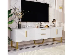 Mueble TV brillo con 4 puertas y 2 cajones, madera MDF, tiradores y patas dorados, estilo moderno, color blanco