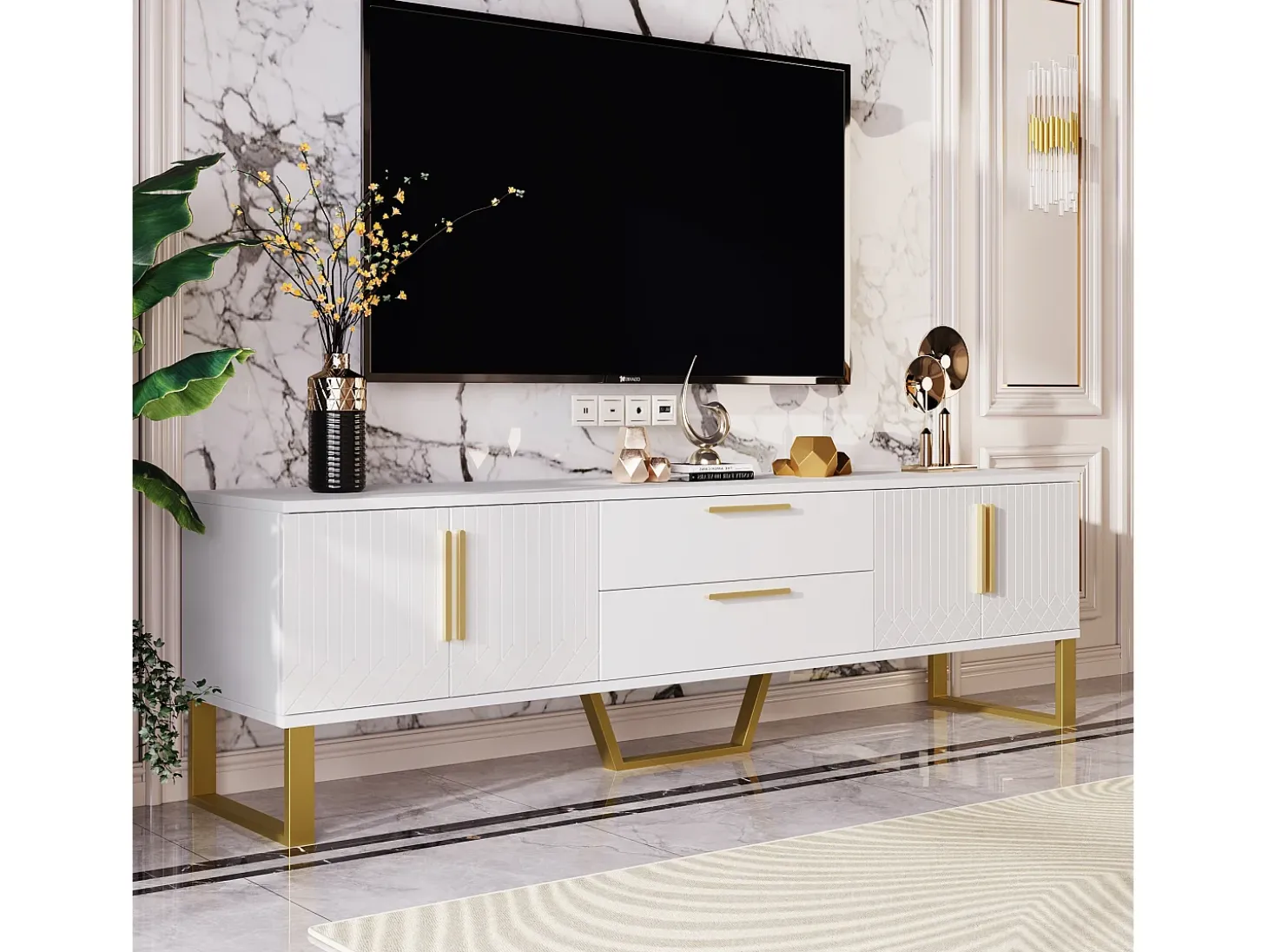 Mueble TV brillo con 4 puertas y 2 cajones, madera MDF, tiradores y patas dorados, estilo moderno, color blanco