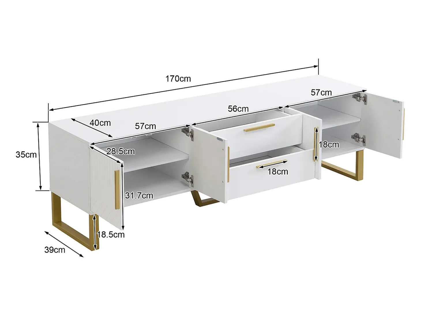 Mueble TV brillo con 4 puertas y 2 cajones, madera MDF, tiradores y patas dorados, estilo moderno, color blanco