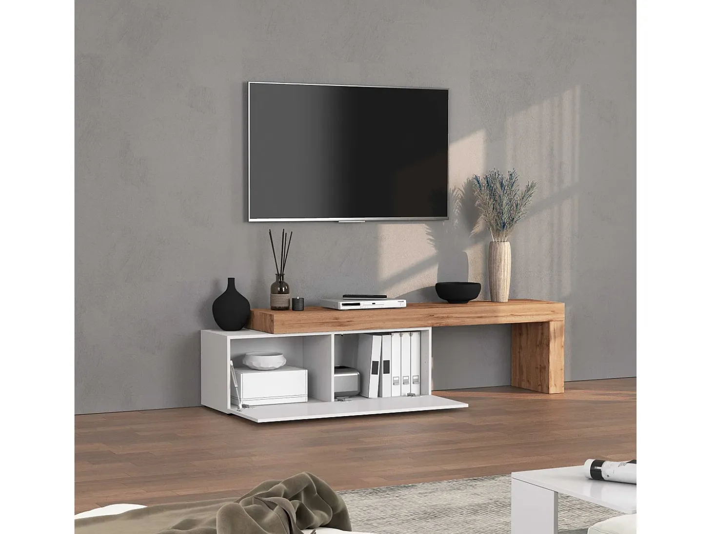 Mueble TV Chronos extensible con 1 puerta abatible blanco/roble 180/290x40x51 cm