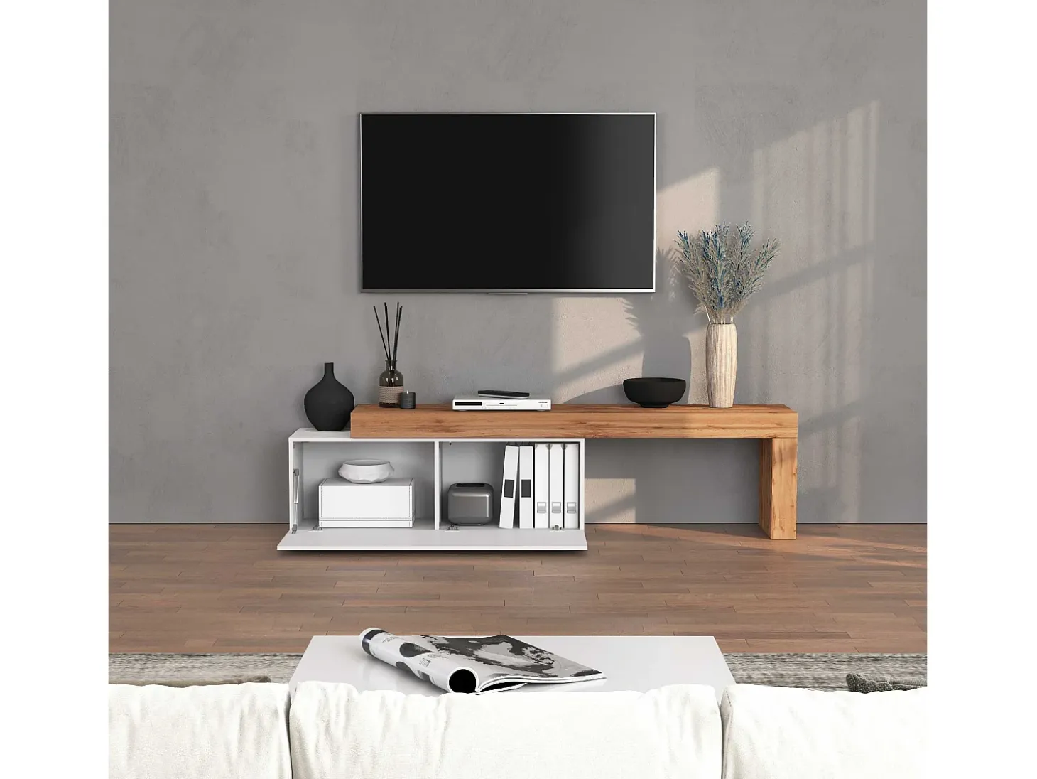 Mueble TV Chronos extensible con 1 puerta abatible blanco/roble 180/290x40x51 cm
