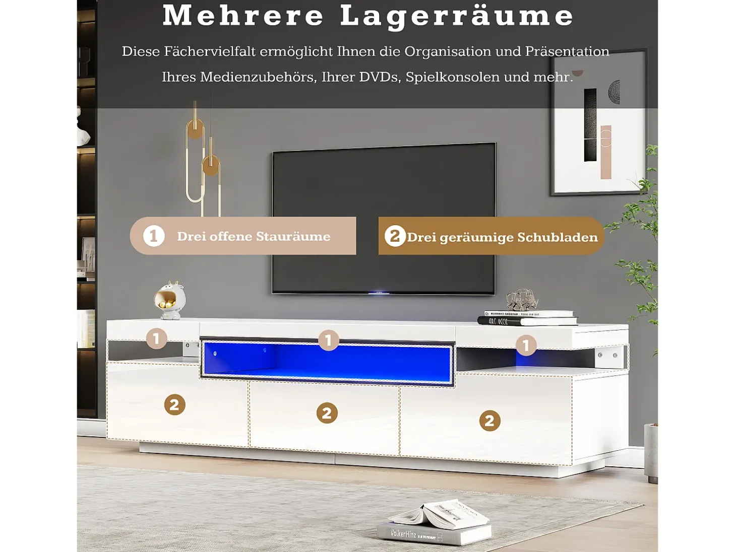 Mueble TV con 3 cajones y compartimentos abiertos - 160 x 39 x 42 cm cm - LED - Tablero de partículas - Blanco brillante