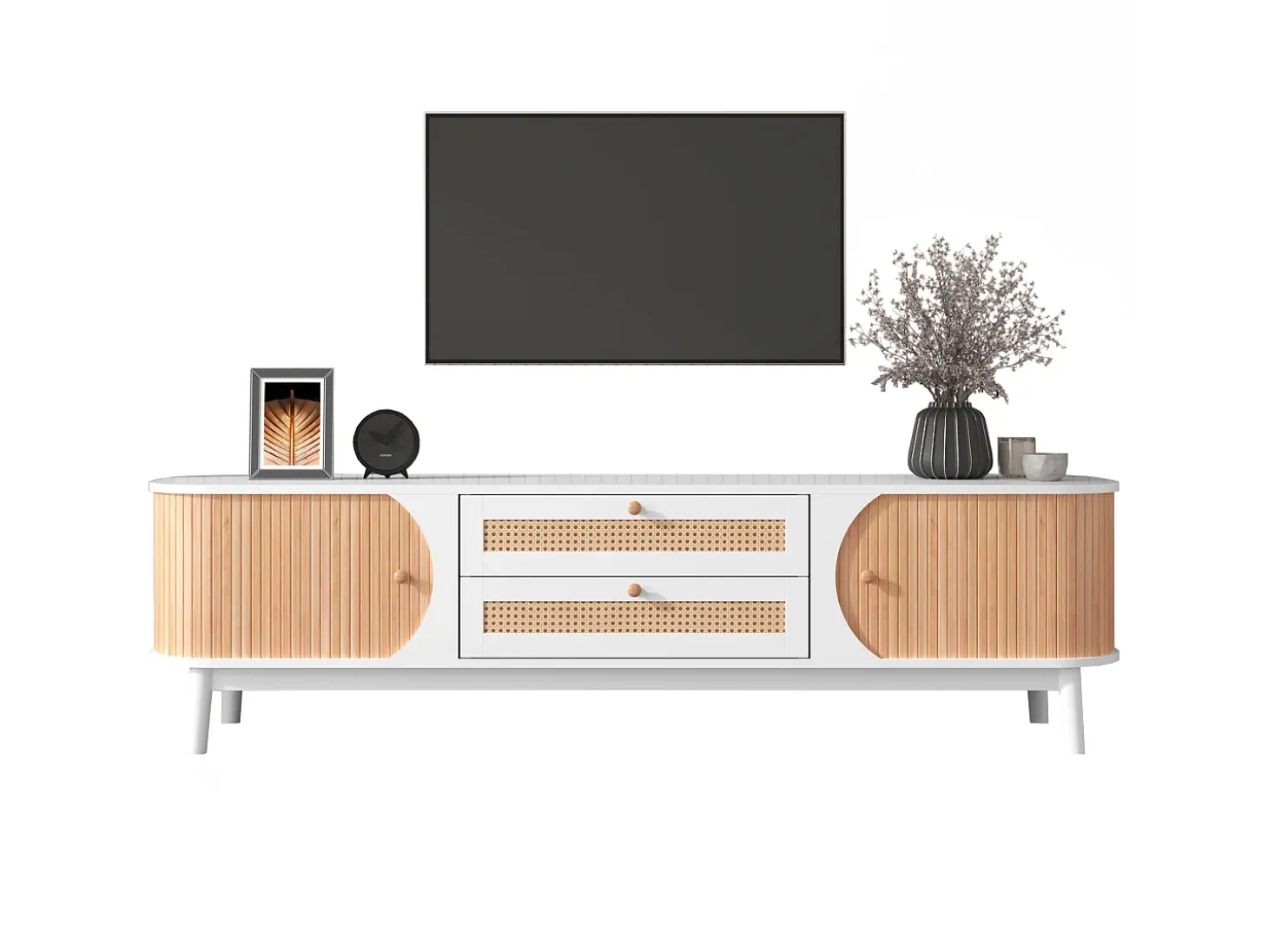 Mueble TV con 2 cajones y 2 puertas correderas, tablero de partículas, efecto ratán, blanco y natural