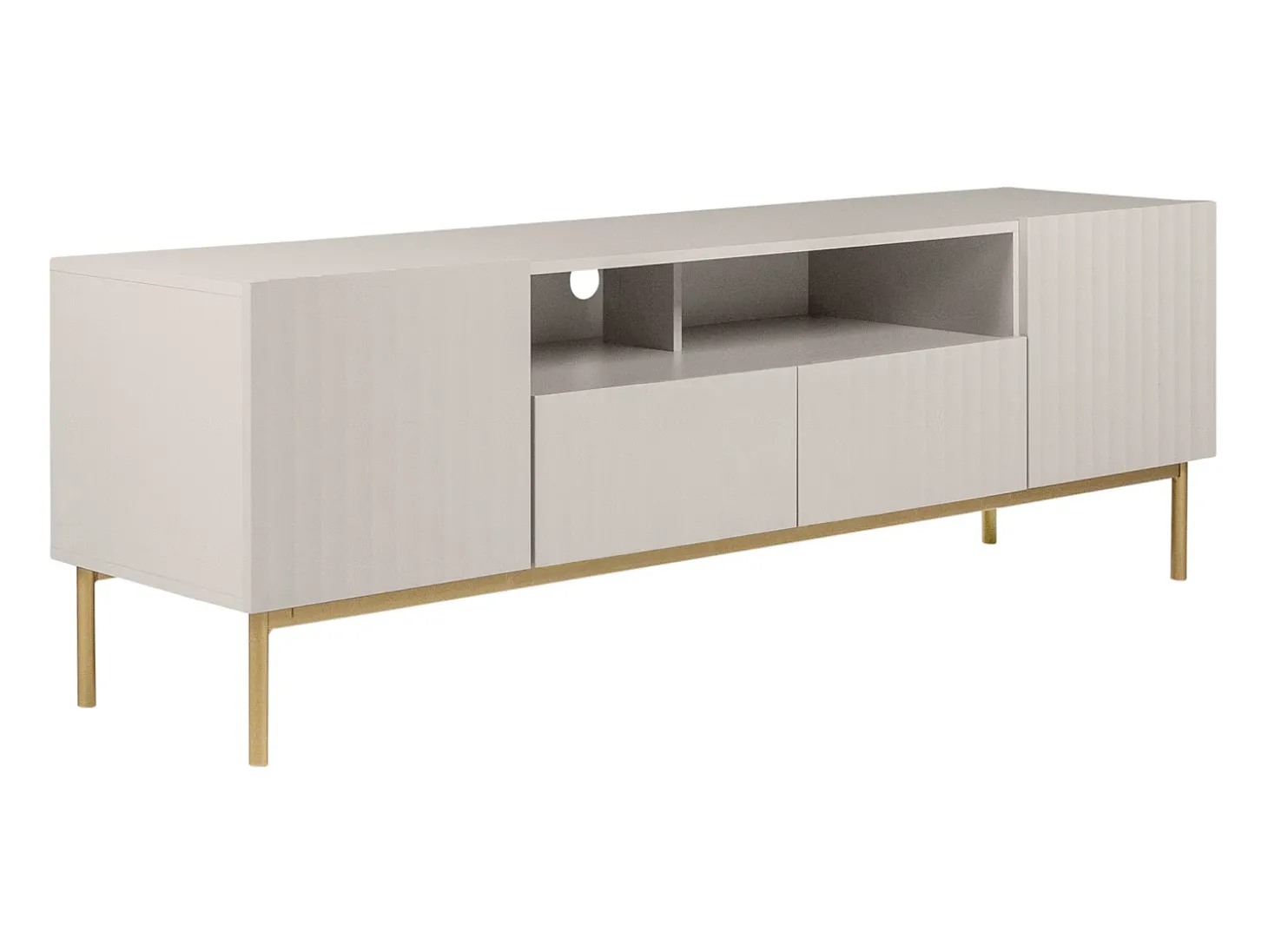 Mueble TV con 2 puertas, 2 cajones y 2 estantes de MDF y acero - Beige y dorado - EVILANA