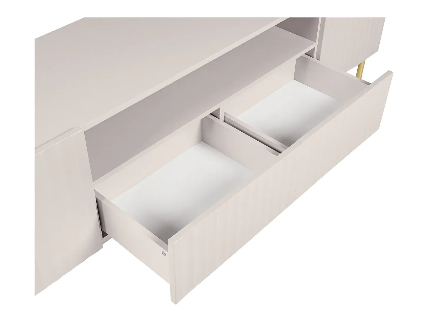 Mueble TV con 2 puertas, 2 cajones y 2 estantes de MDF y acero - Beige y dorado - EVILANA