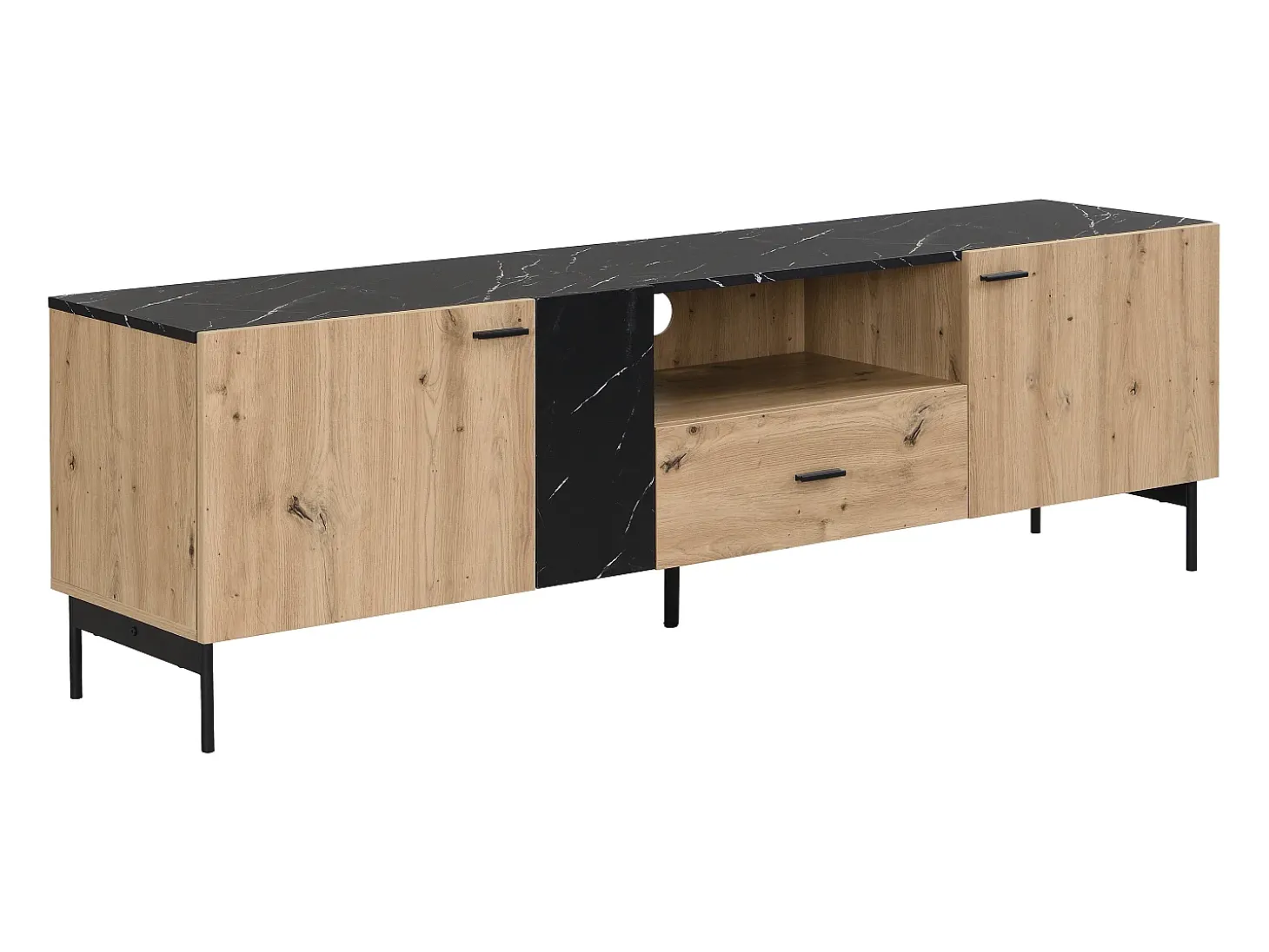 Mueble TV con 2 puertas, 1 cajón y 1 estante - Natural y efecto mármol negro - LIOMENA