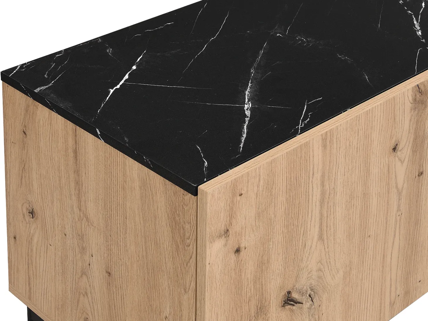 Mueble TV con 2 puertas, 1 cajón y 1 estante - Natural y efecto mármol negro - LIOMENA