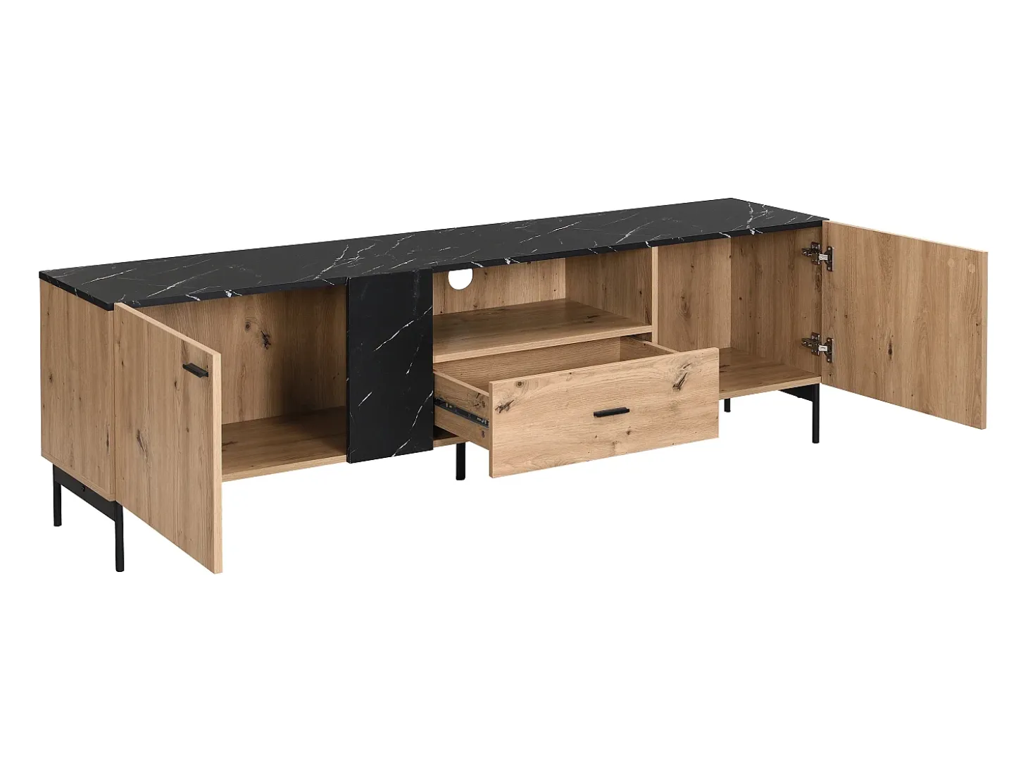 Mueble TV con 2 puertas, 1 cajón y 1 estante - Natural y efecto mármol negro - LIOMENA
