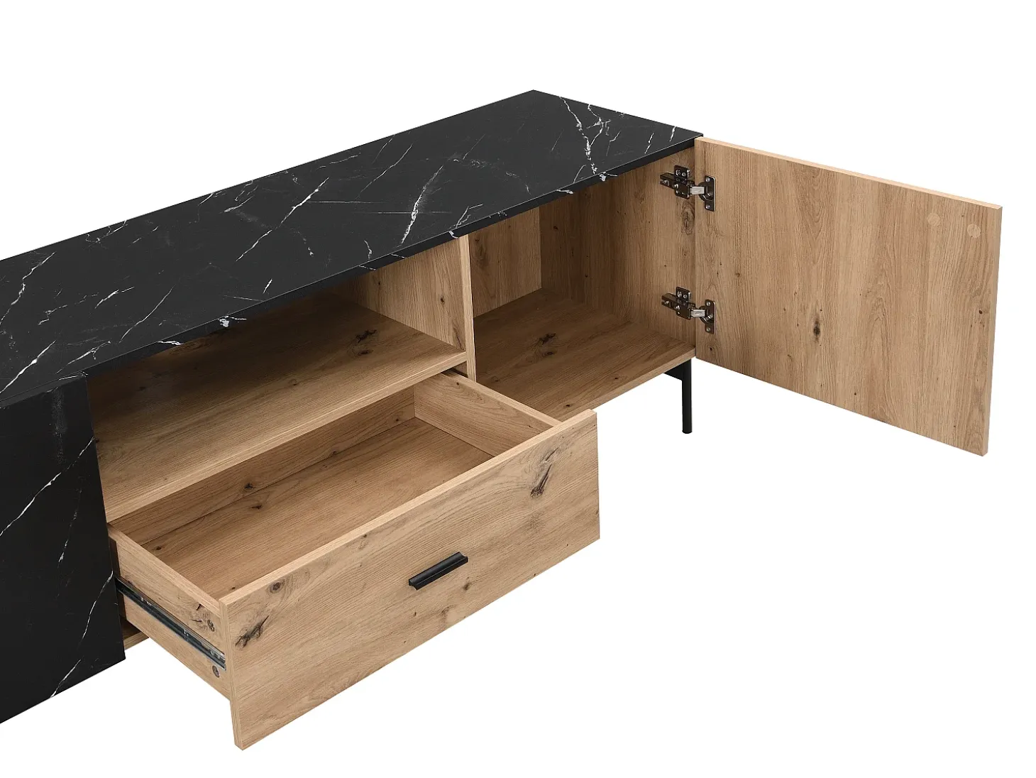 Mueble TV con 2 puertas, 1 cajón y 1 estante - Natural y efecto mármol negro - LIOMENA