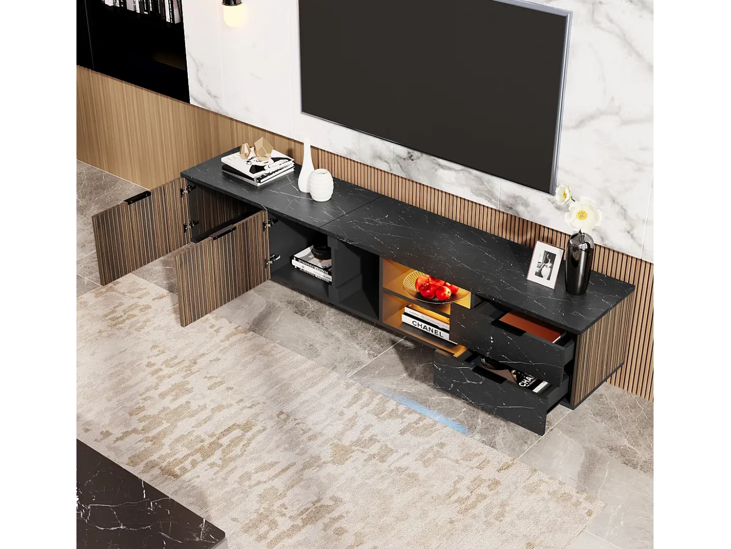 Mueble TV con 2 puertas, 2 cajones y 2 nichos, LED incluido, en chapa de mármol negro y veta de madera oscura - 200x38x50cm
