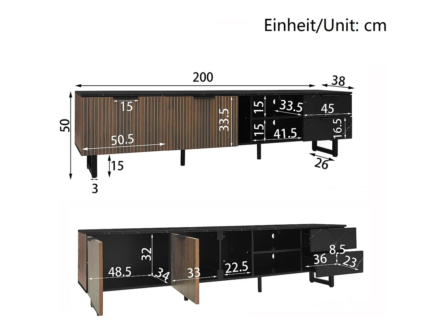 Mueble TV con 2 puertas, 2 cajones y 2 nichos, LED incluido, en chapa de mármol negro y veta de madera oscura - 200x38x50cm