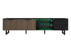 Mueble TV con 2 puertas, 2 cajones y 2 nichos, LED incluido, en chapa de mármol negro y veta de madera oscura - 200x38x50cm