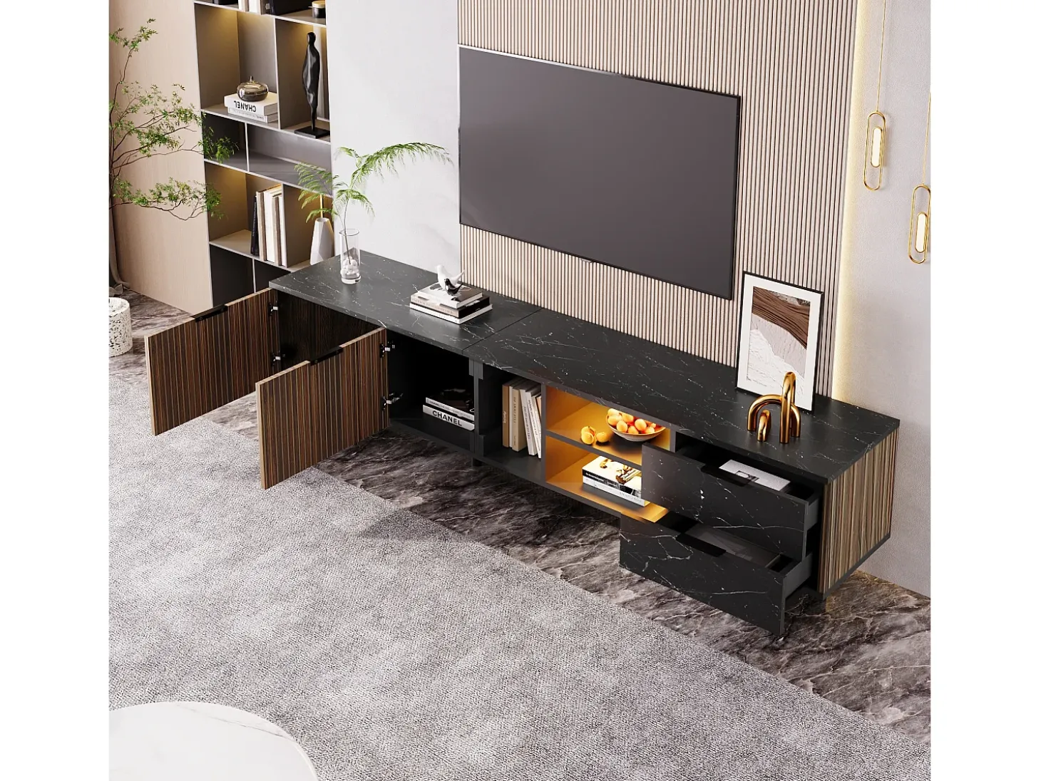 Mueble TV con 2 puertas, 2 cajones y 2 nichos, LED incluido, en chapa de mármol negro y veta de madera oscura - 200x38x50cm