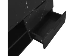 Mueble TV con 2 puertas, 2 cajones y 2 nichos, LED incluido, en chapa de mármol negro y veta de madera oscura - 200x38x50cm