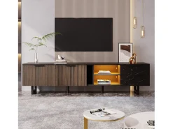 Mueble TV con 2 puertas, 2 cajones y 2 nichos, LED incluido, en chapa de mármol negro y veta de madera oscura - 200x38x50cm