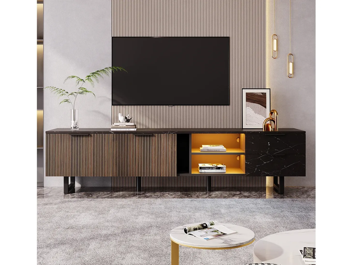 Mueble TV con 2 puertas, 2 cajones y 2 nichos, LED incluido, en chapa de mármol negro y veta de madera oscura - 200x38x50cm