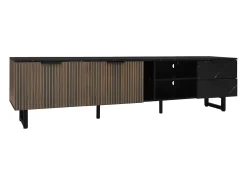 Mueble TV con 2 puertas, 2 cajones y 2 nichos, LED incluido, en chapa de mármol negro y veta de madera oscura - 200x38x50cm