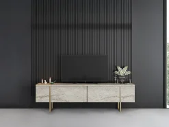 Mueble TV con 2 puertas - Efecto travertino beige y dorado - ZIRELDA
