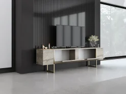 Mueble TV con 2 puertas - Efecto travertino beige y dorado - ZIRELDA