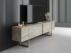 Mueble TV con 2 puertas - Efecto travertino beige y dorado - ZIRELDA