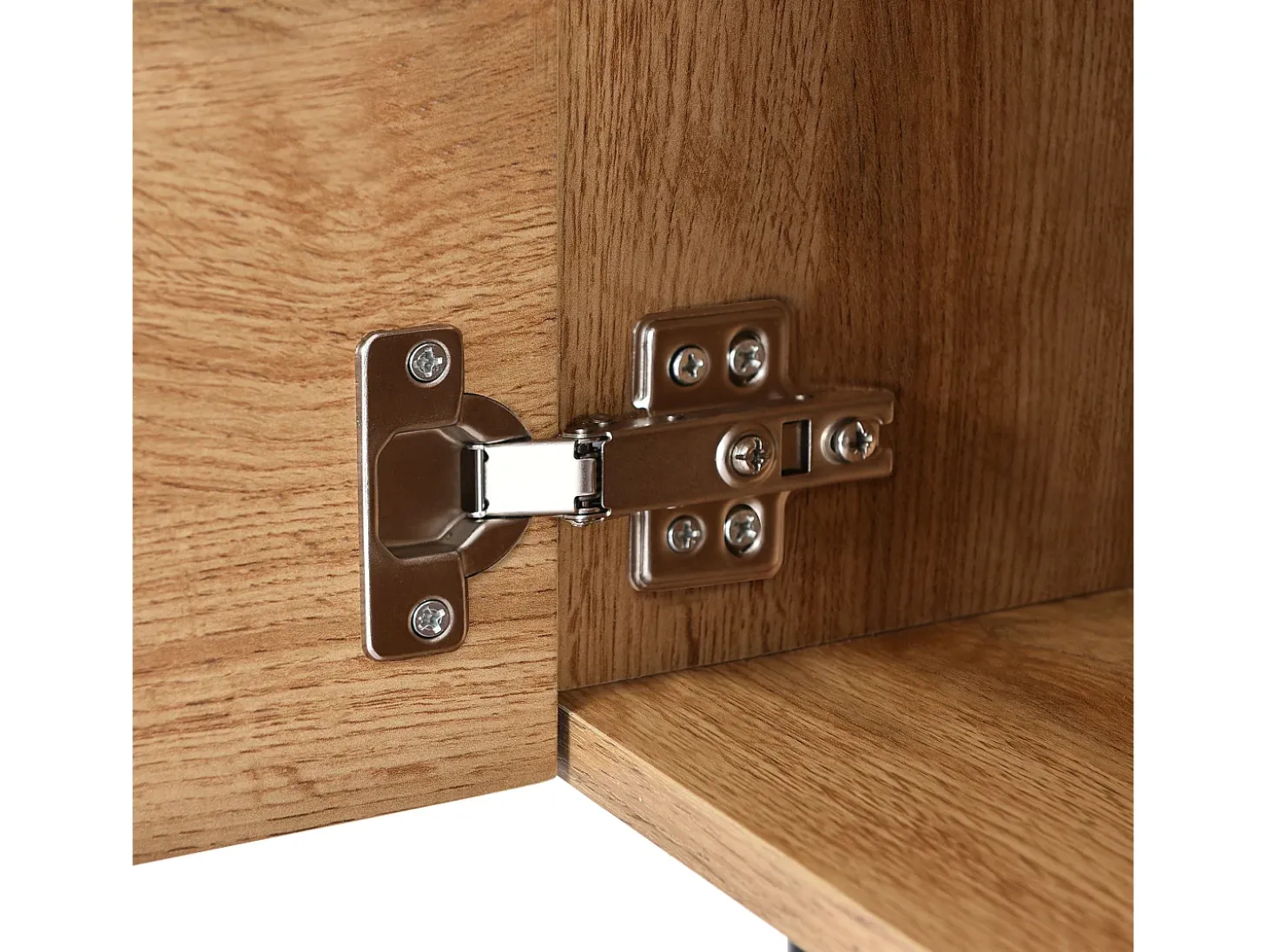 Mueble TV con 3 puertas, 2 nichos y LED, cuerpo en madera veteada natural clara, patas negras